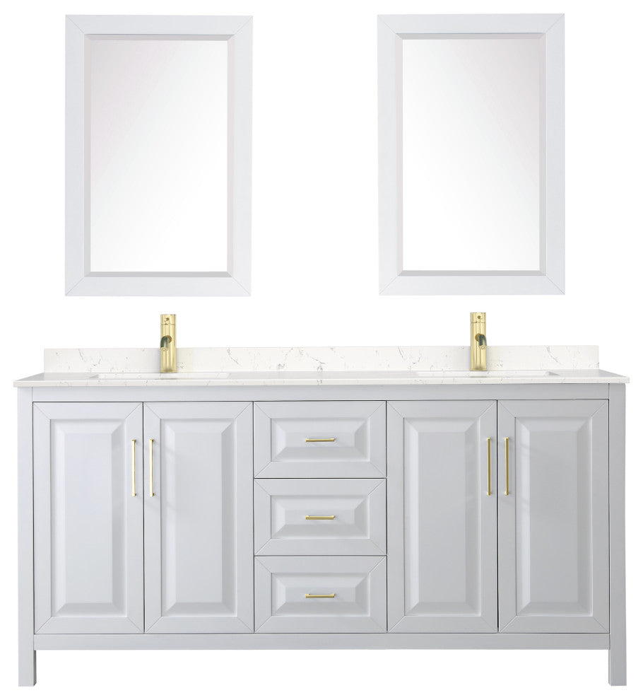 72"DBL Vanity White, Light-Vein Carrara Cult. Top, Sinks, 24"Mirrors, Gold Trim