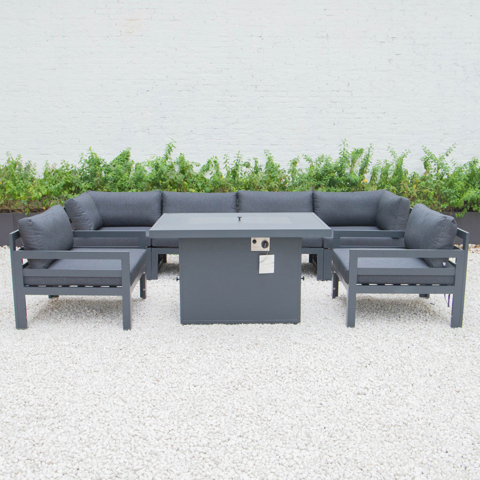 LeisureMod Chelsea 7-Piece Outdoor Sectional With Fire Pit Table, Black