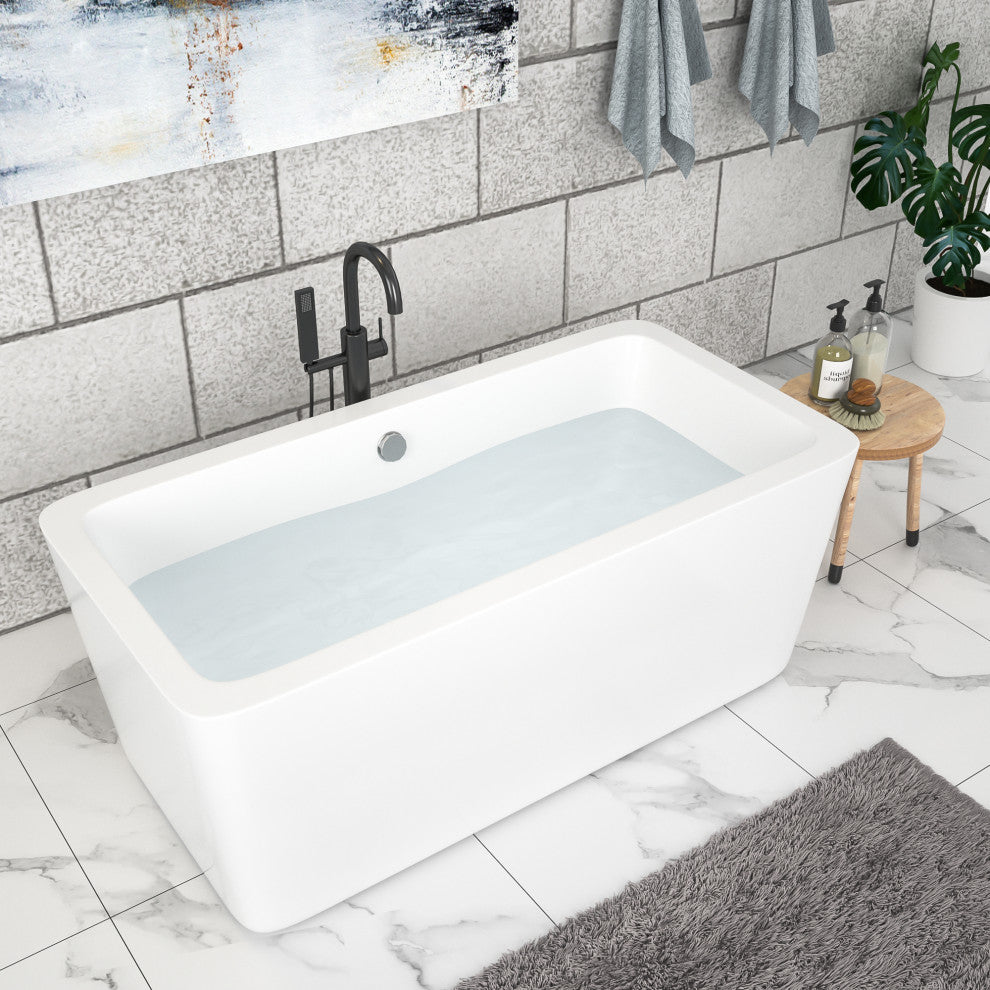 67 in. Acrylic Rectangular Flatbottom Freestanding Soaking Bathtub in White