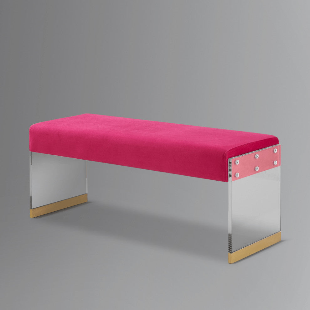 42" Fuchsia And Clear Upholstered Velvet Bench