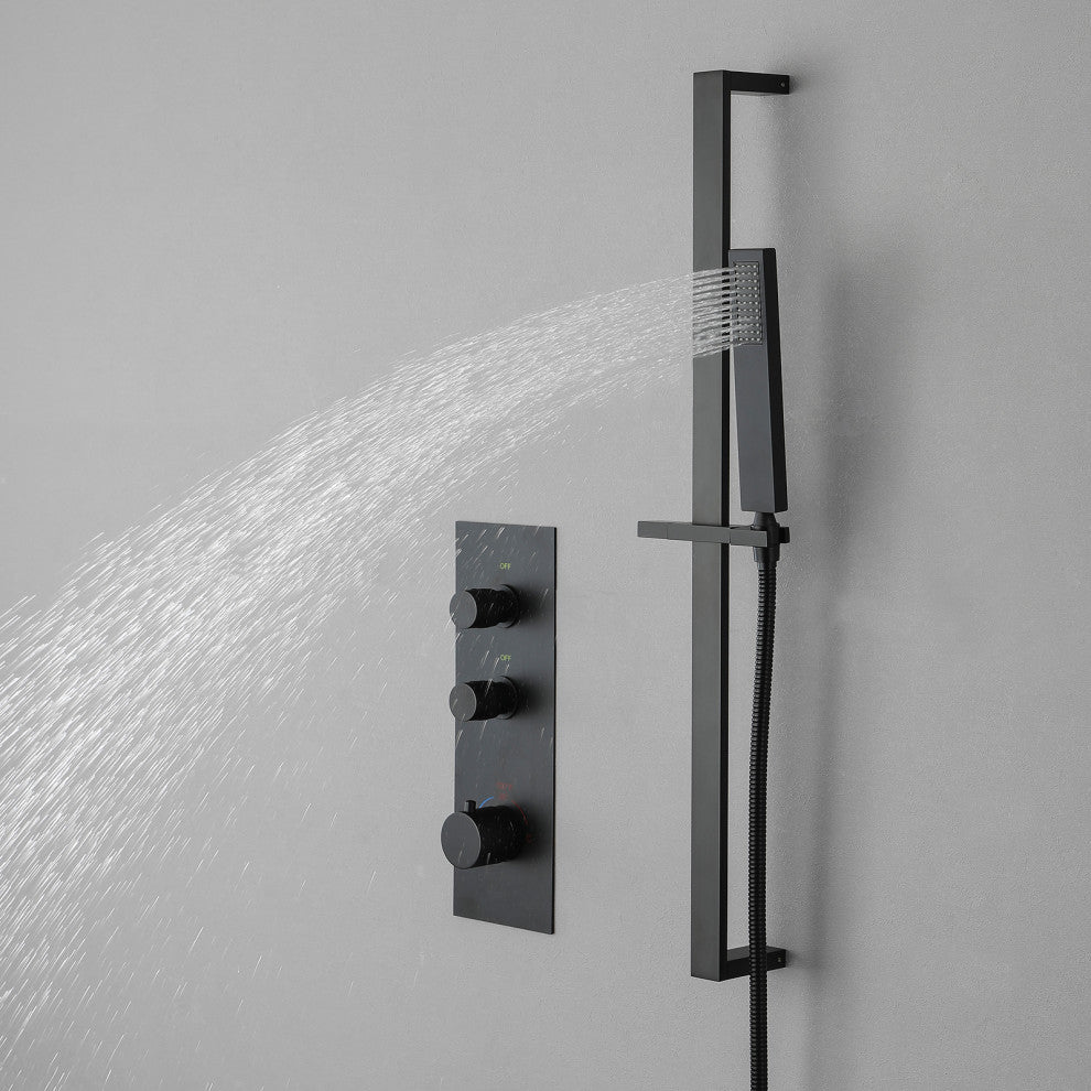 Thermostatic Rain Shower System with Hand Shower-Includes Rough-in Valve, Matte Black