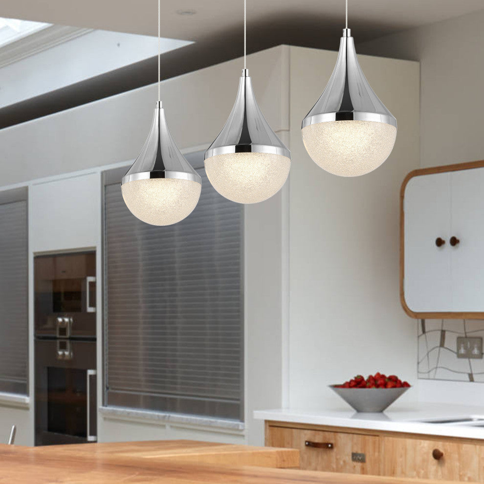 Elyse Teardrop 3-Light Iron/Acrylic Linear Pendant, Chrome/White, Width: 33"