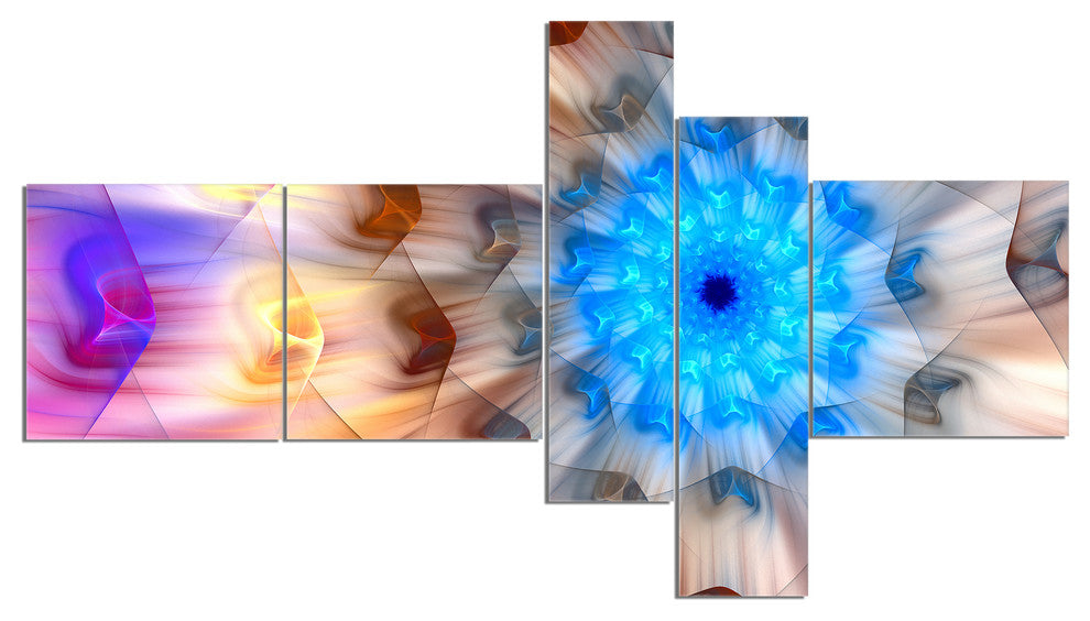 Blue Fractal Petals Dandelion, Floral Canvas Art Print, 60"x32", 5 panels