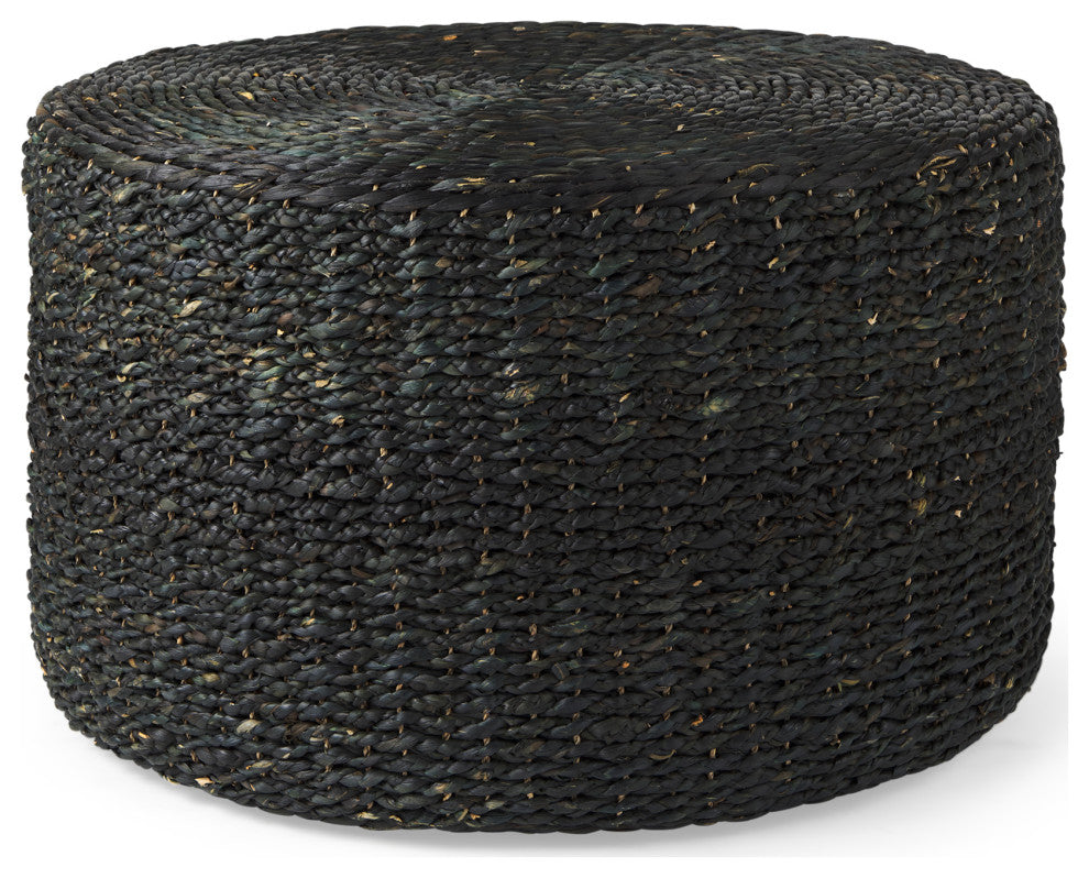 Dina 75Lx75Wx45H Black Cornhusk and Water Hyacinth Round Coffee Table Pouf