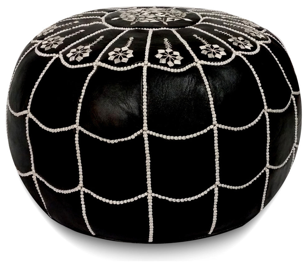 Moroccan Leather Stuffed Pouf, Black With White Stripes