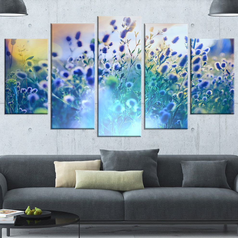 Blue Summer Flowers on Meadow, Floral Canvas Art Print, 60"x32", 5 Panels