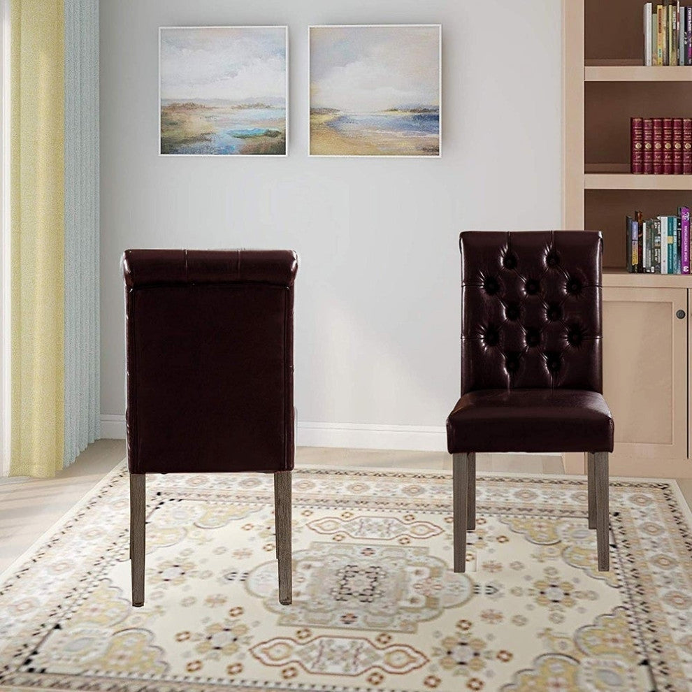 Button Tufted Armless Dining Room Chairs, Set of 2, Brown