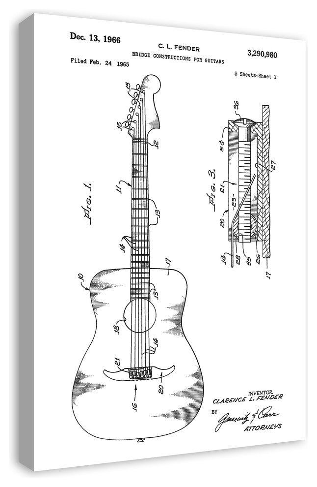 Vintage Fender Guitar Patent 20"x30" Print on Canvas