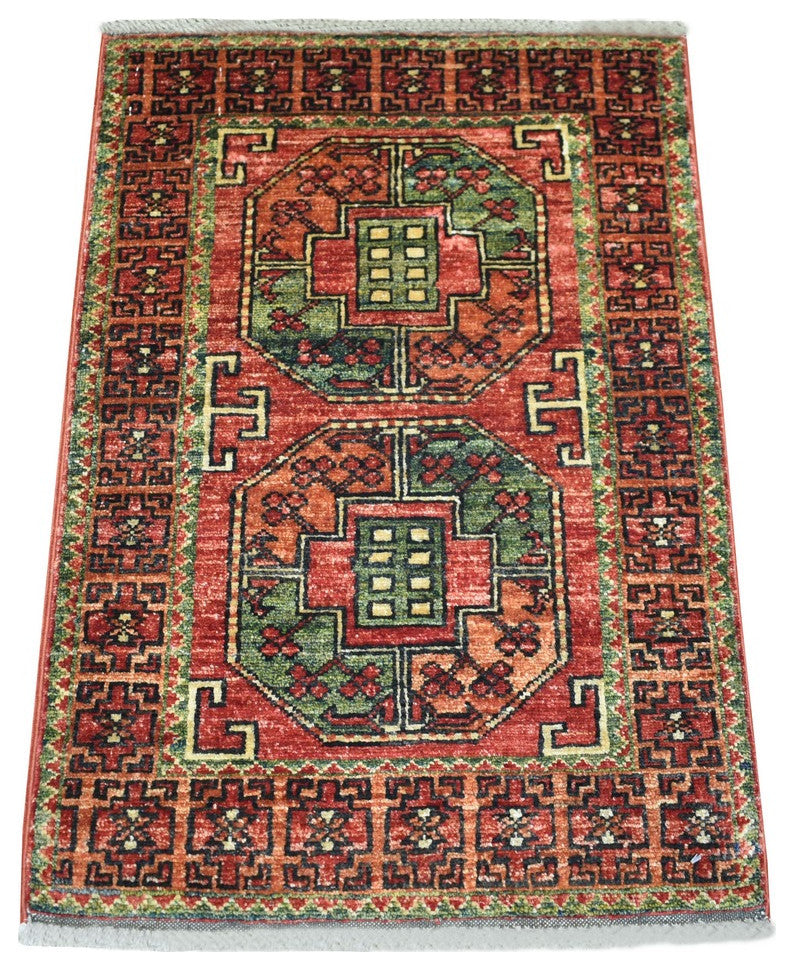 TomatoRed Afghan Ersari Elephant Feet Design 100% Wool Oriental Rug  2'0" x 3'0"