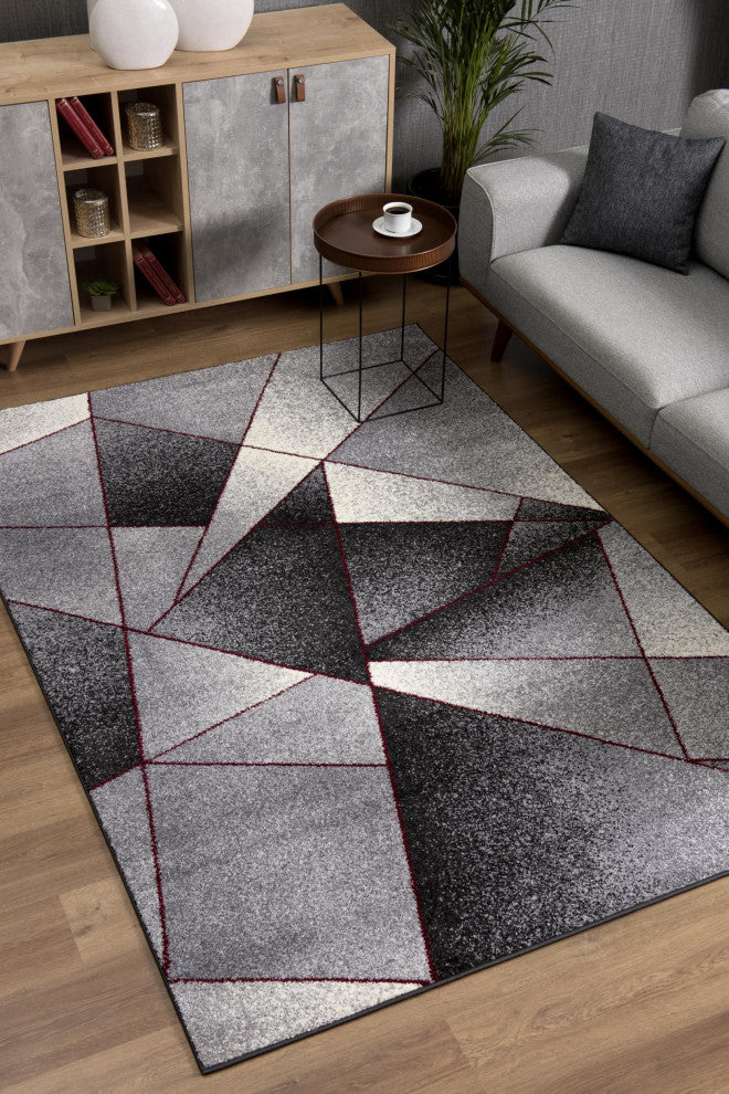 8"x11" Gray and Red Prism Pattern Area Rug