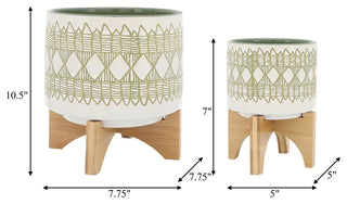 Ceramic 2-Piece Set, 5" and 8" Aztec Planter On Wooden Stand, Olive