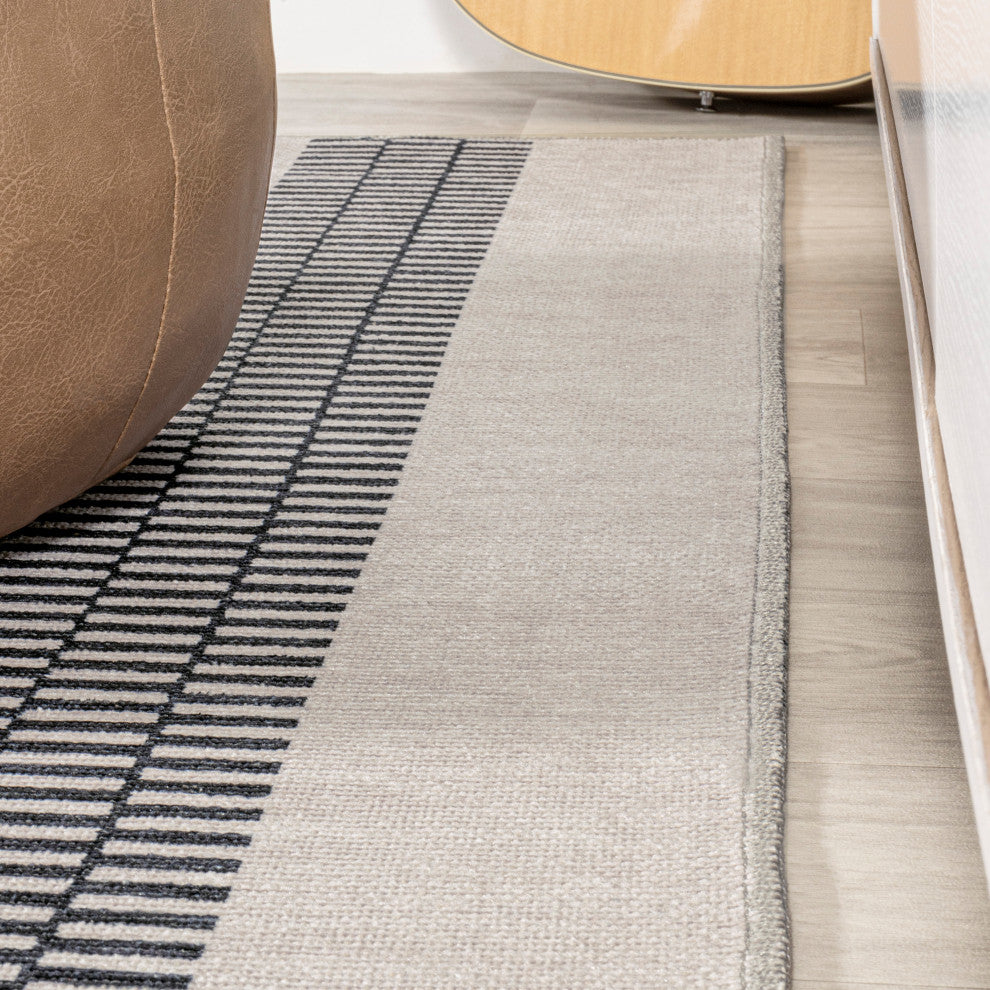 Vichy Geometric Striped Machine-Washable Area Rug, Cream/Black, 4x6