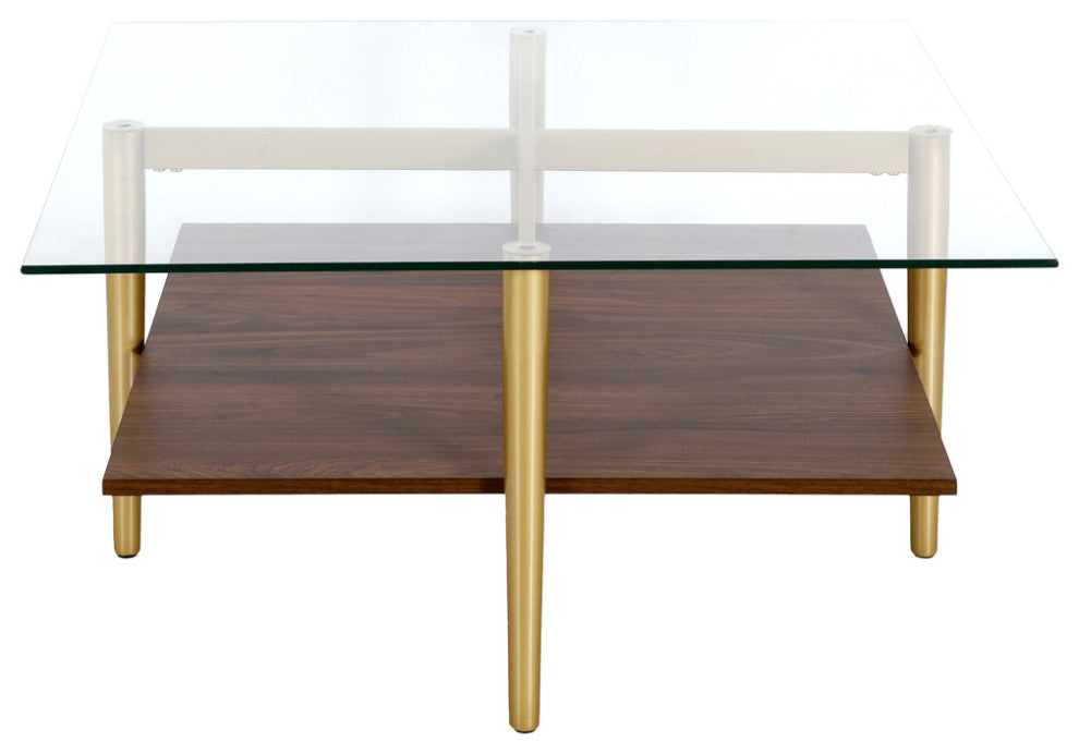 32" Brown And Gold Glass And Steel Square Coffee Table With Shelf