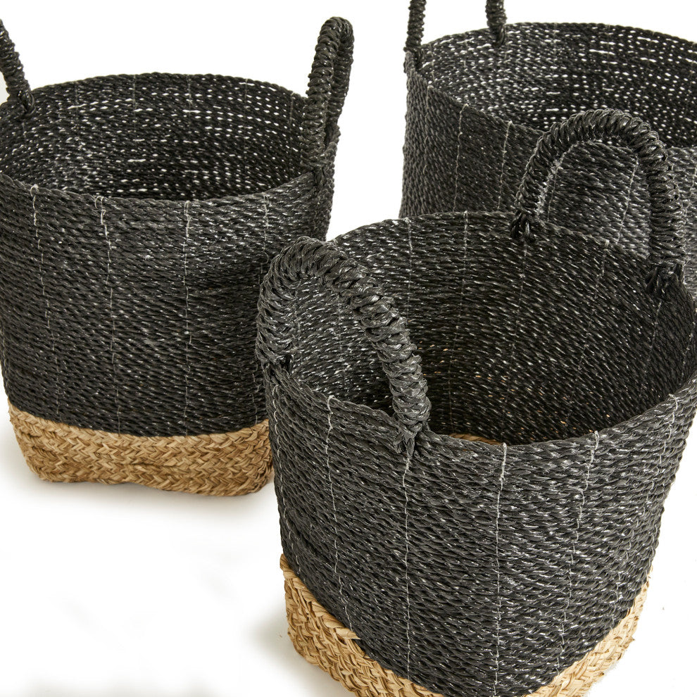 Set of 3 Contemporary Casual Natural Black Round Tote Baskets Handles Large