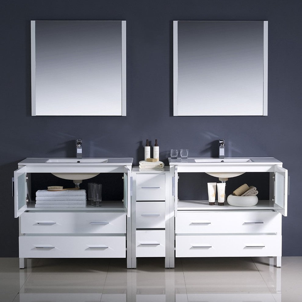 Torino 84" White Modern Double Sink Bathroom Vanity, Faucet FFT3071BN