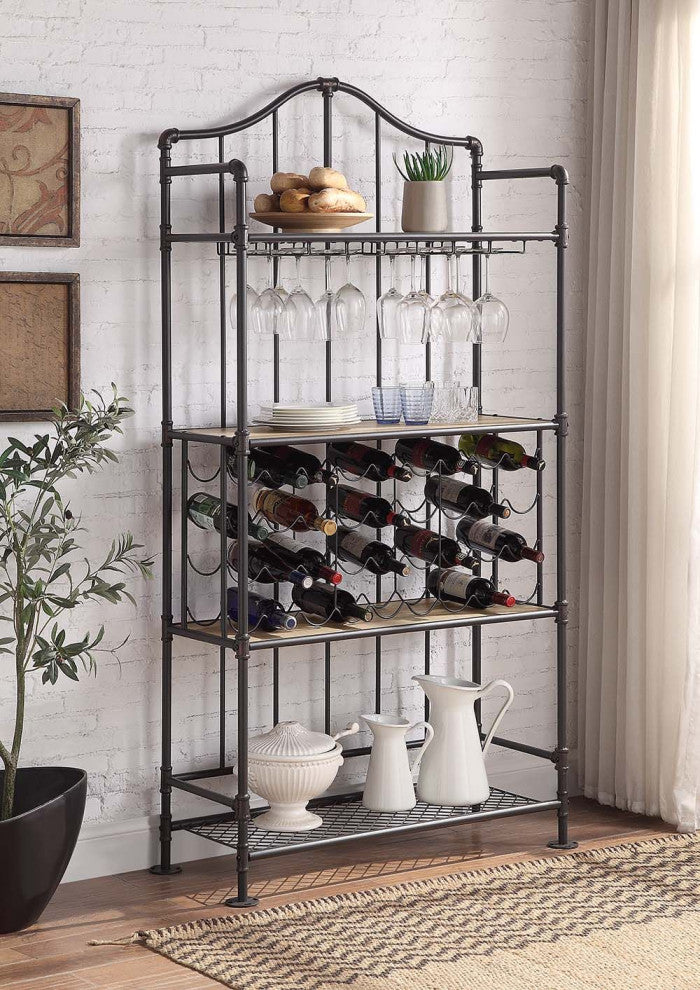 Metal Wine Shelf, Oak and Sandy Black Finish
