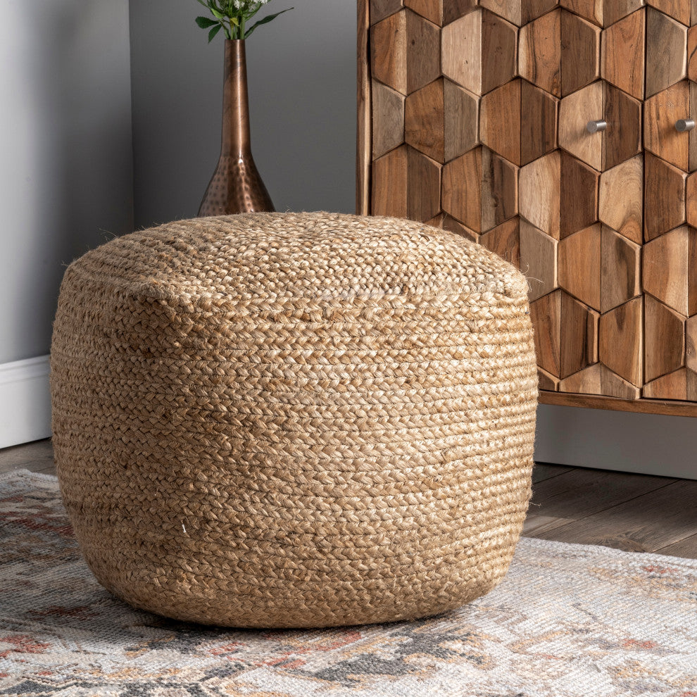 Nuloom Jute Braided Eden Pouf, Natural