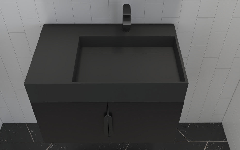 CastelloUSA Amazon 30" Right Wall Mounted Bathroom Vanity Set, Black, Black Top, Black Handles
