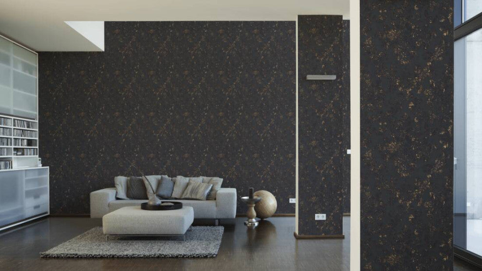 Damask Textured Wallpaper, Ornaments, 374132, Black Anthracite Gold, 1 Roll
