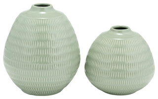 Ceramic 7", Stripe Oval Vase, Dark Sage