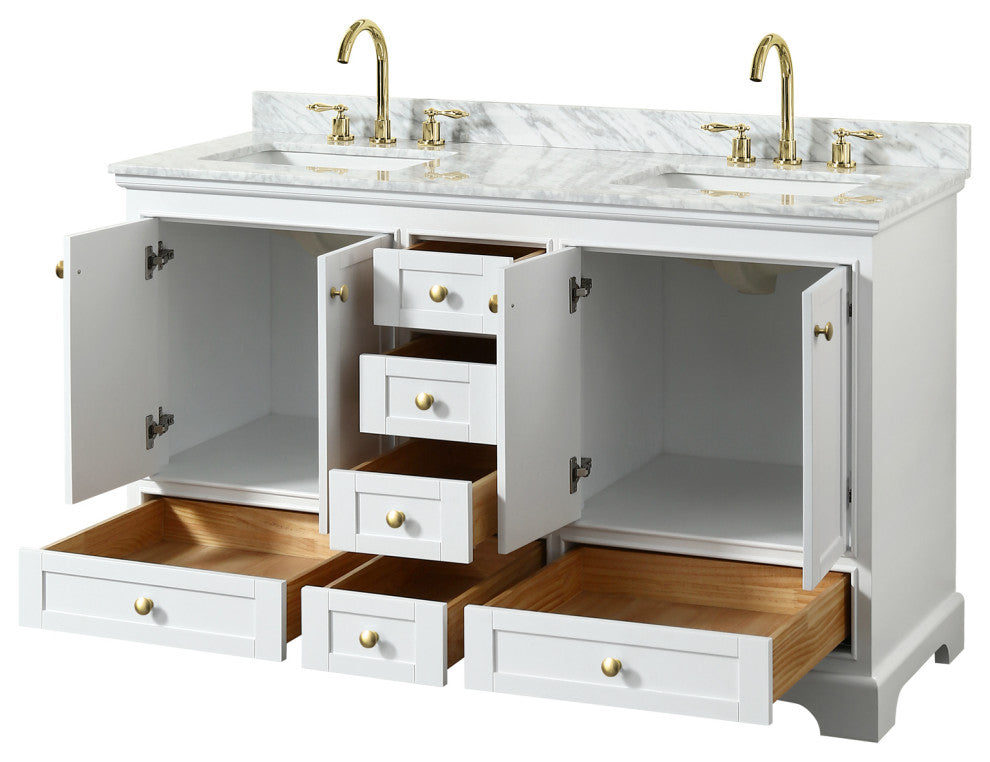 60" Double Bath Vanity, White, White Carrara Countertop, Sinks, Gold Trim