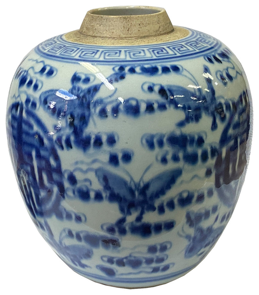Oriental Handpainted Butterflies Small Blue White Porcelain Ginger Jar Hws2310