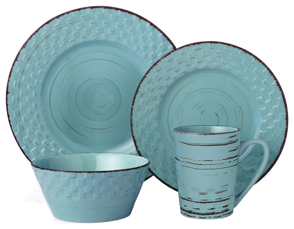 Basketweave 16 Piece Stoneware Dinner Set, Service for 4, Blue