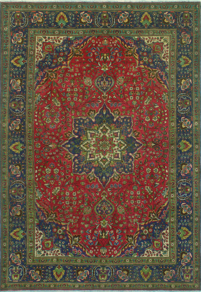 Fine Vintage Distressed Moshe Red/Navy Rug, 7'4 x 11'3