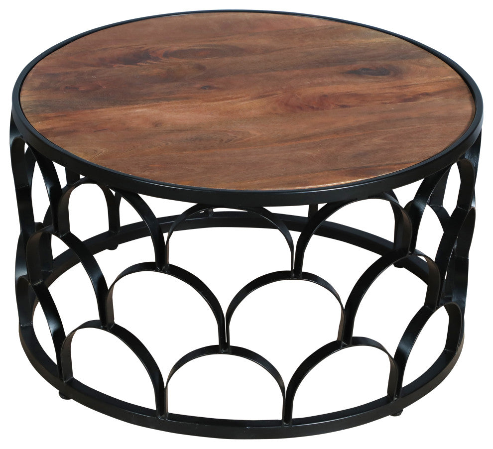 32" Round Coffee Table, Mango Wood Top, Lattice Cut Out Metal Frame, Brown/Black