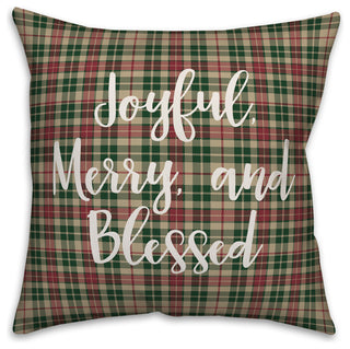 Joyful, Merry & Blessed, Tartan Plaid 18x18 Throw Pillow