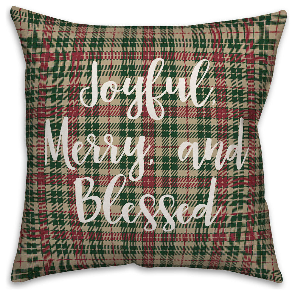 Joyful, Merry & Blessed, Tartan Plaid 18x18 Throw Pillow