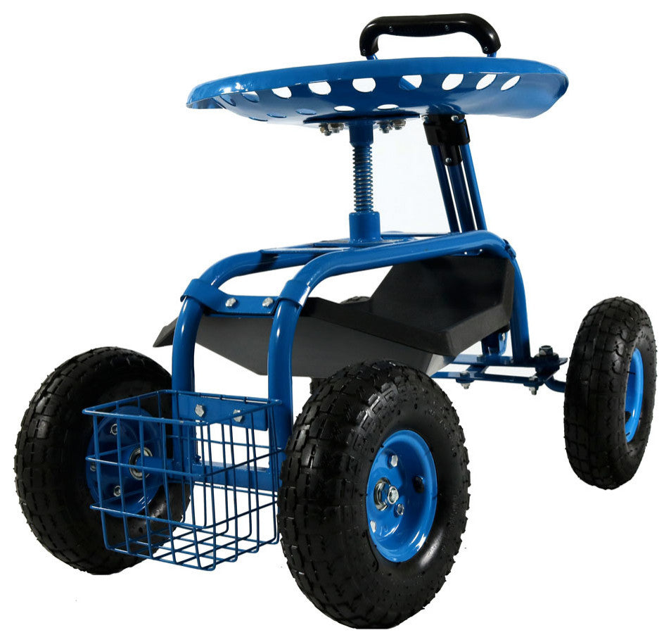 Sunnydaze Rolling Garden Cart With Steering Handle, Seat and Basket, Blue