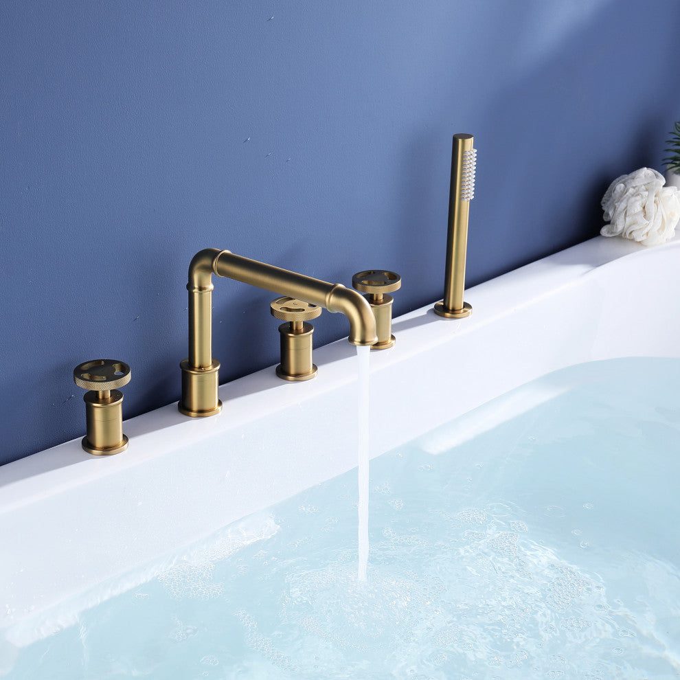 Modern 3-Handle Deck Mounted Roman Tub Faucet With Handshower, Brushed Gold