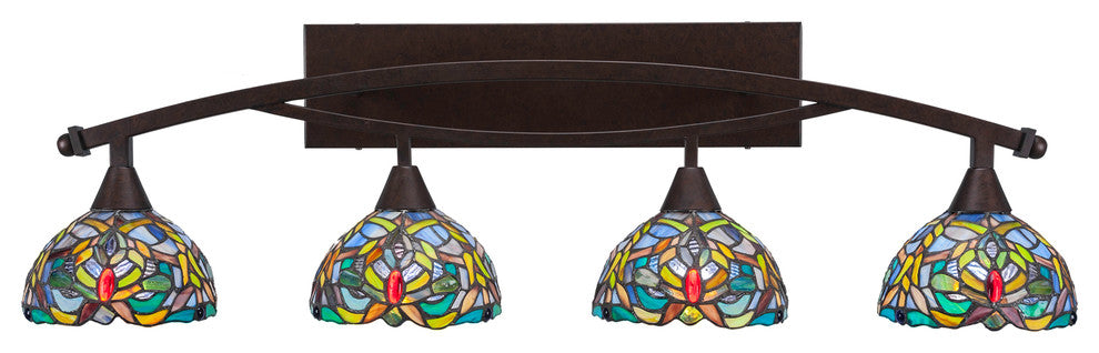 Bow 4-Light Bath Bar, with 7" Kaleidoscope Art Glass, Bronze