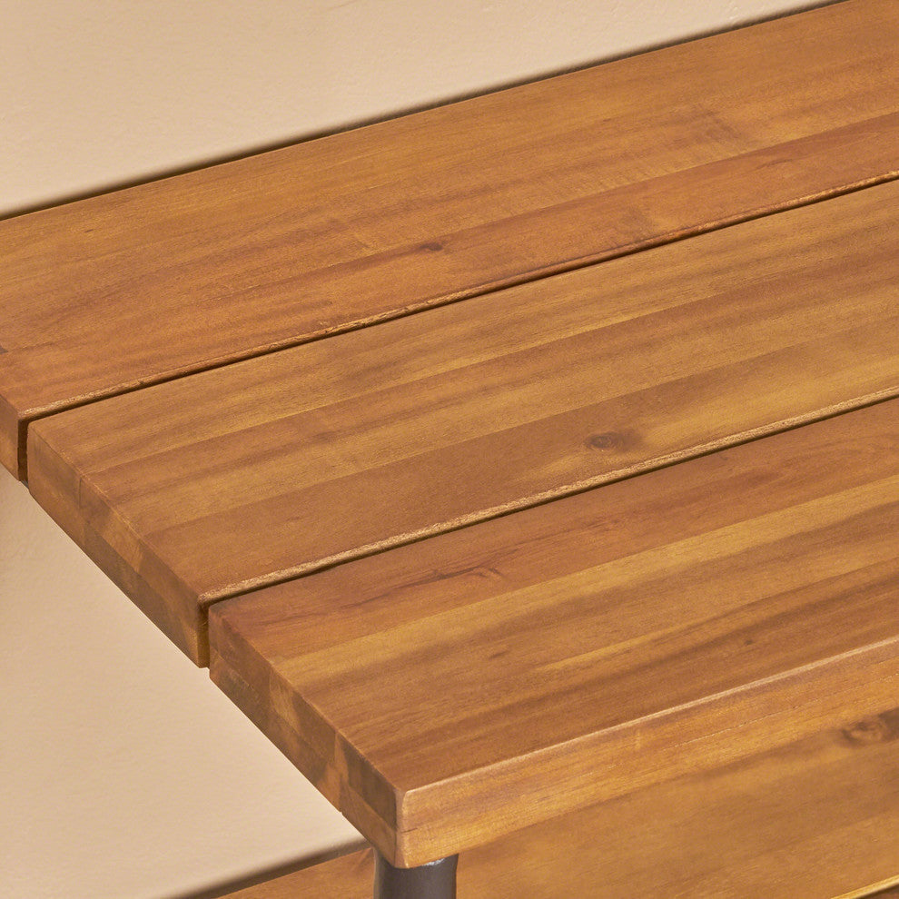 GDF Studio Carlos Outdoor Industrial Acacia Wood Bench With Shelf and Coat Hooks, Teak