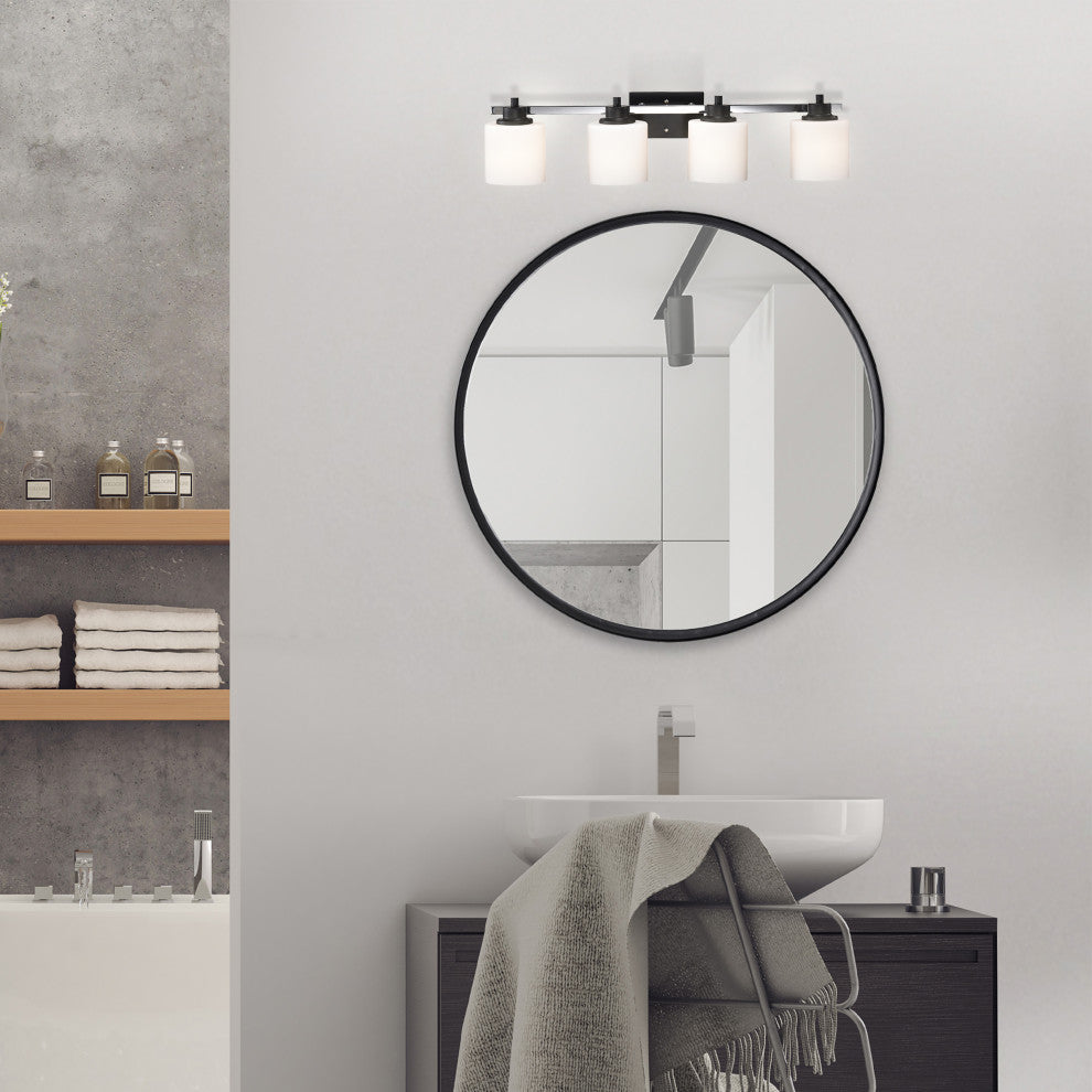 4-Light Black and Chrome Finish Vanity Lights With Etched White Glass Shades
