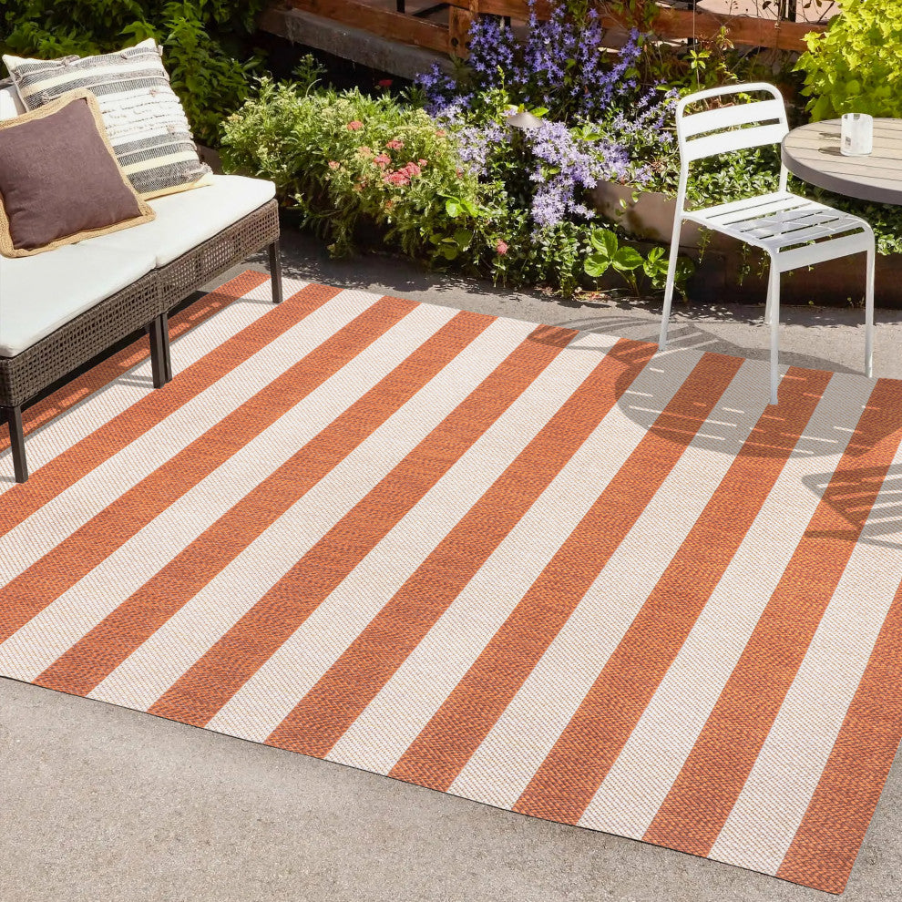 Negril Two-Tone Wide Stripe Indoor/Outdoor Area Rug, Orange/Beige, 3x5