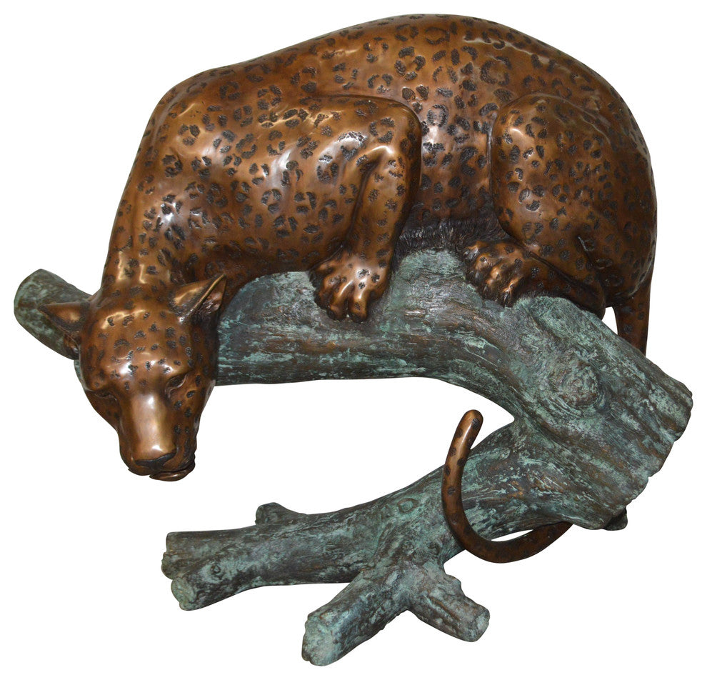 Leopard on a Tree Trunk Bronze Statue -  Size: 38"L x 34"W x 36"H.