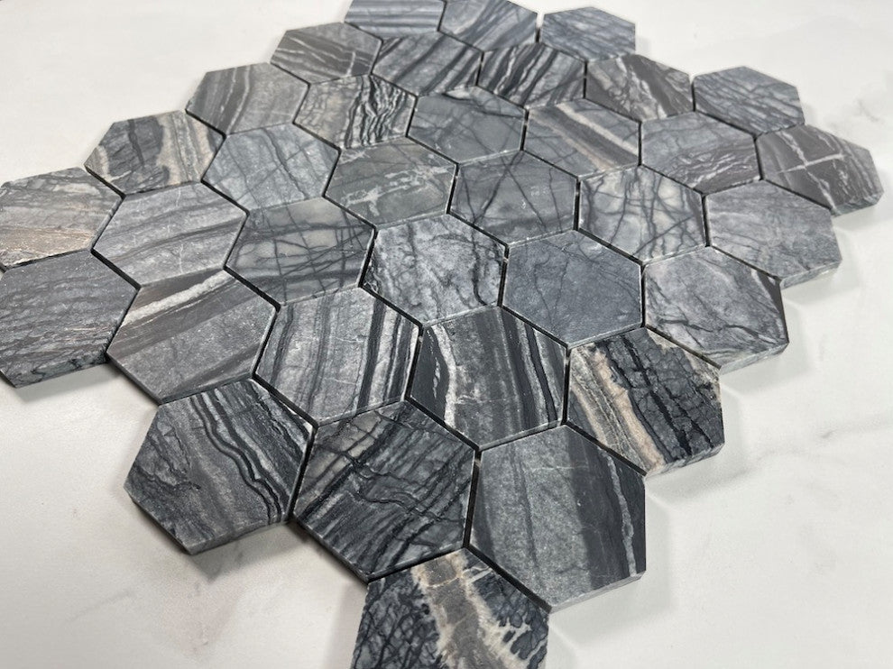 Silver Wave Black Forest Marble 2 Hexagon Mosaic Wall Floor Tile Honed, 1 sheet