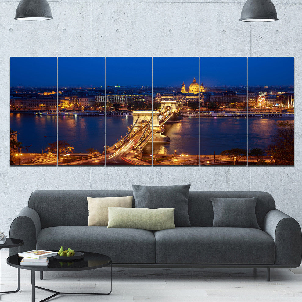 Illuminated Cain Bridge Budapest, Cityscape Canvas Art Print, 70"x28", 6 Panels
