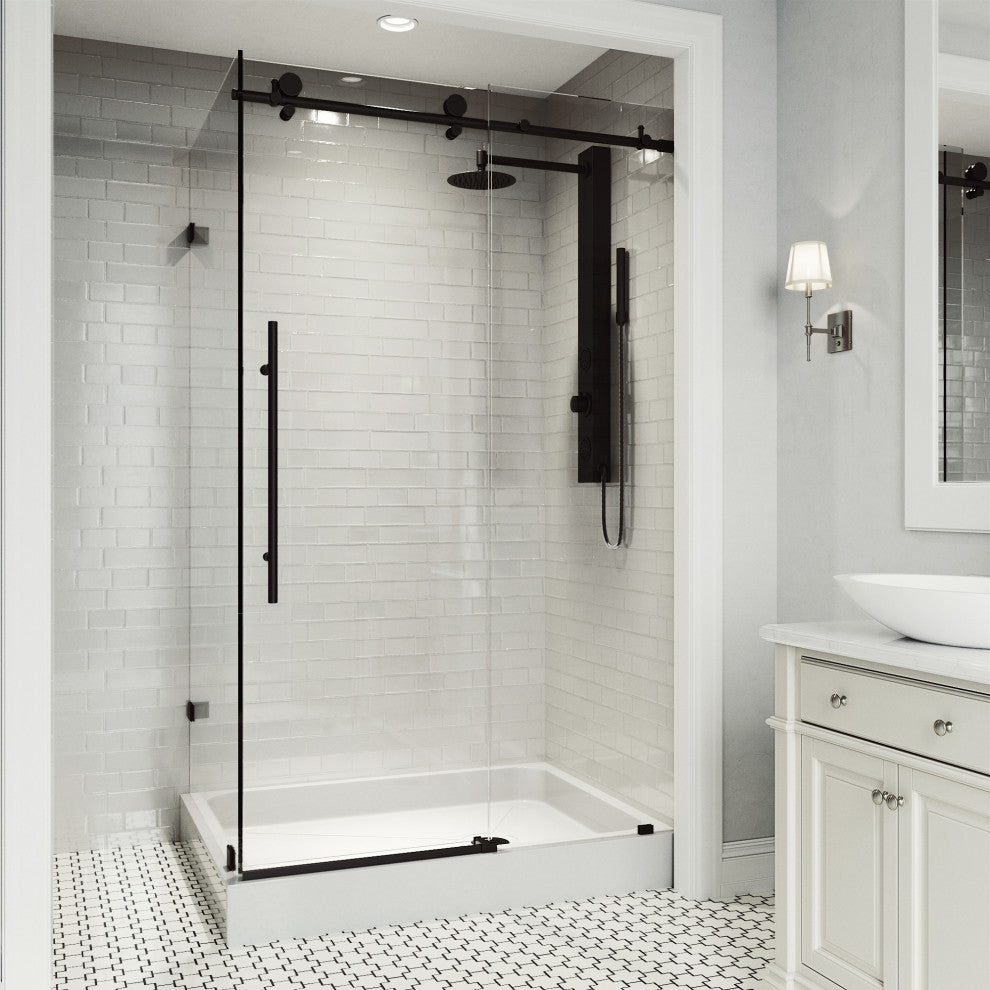 VIGO Elan E-Class Frameless Sliding Shower Enclosure, Matte Black, 36" D X 48" W X 82" H, Right Base