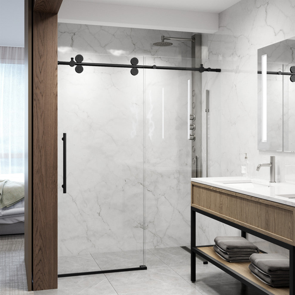 VIGO Elan 56" to 60" W x 74" H Frameless Sliding Shower Door, Matte Black, Laminated Glass