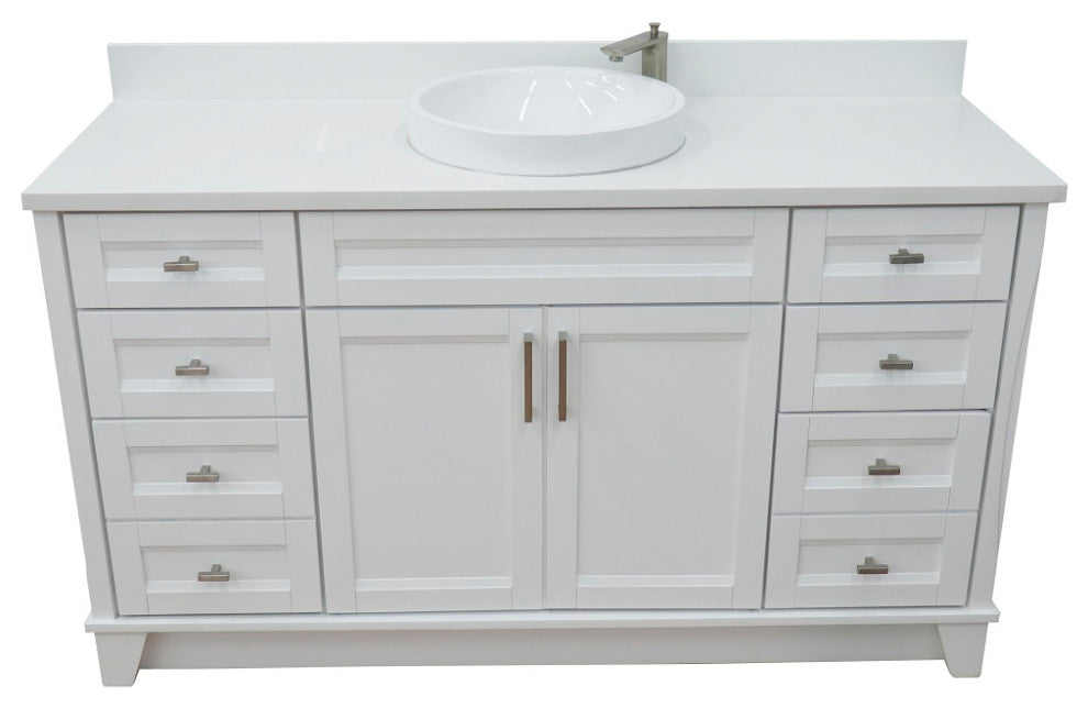 61" Single Sink Vanity, White Finish And Engineered Stone Top And Round Sink