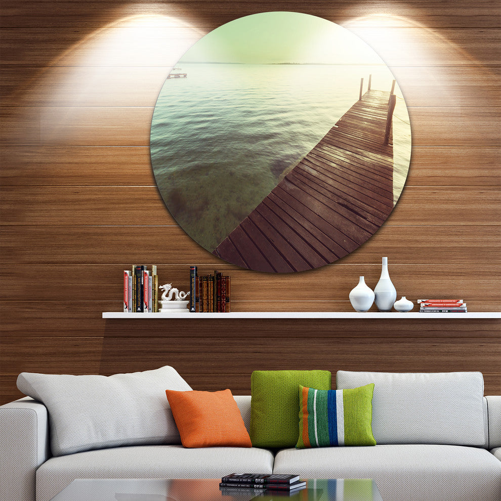 Wooden Boardwalk Over Clear Waters, Sea Bridge Round Wall Art, 11"