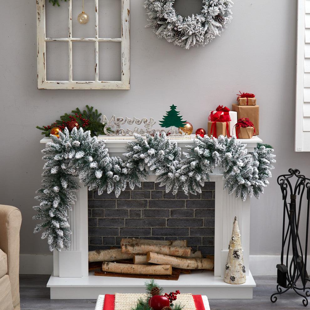 9'' Flocked Artificial Christmas Garland With 50 Warm White LED Lights