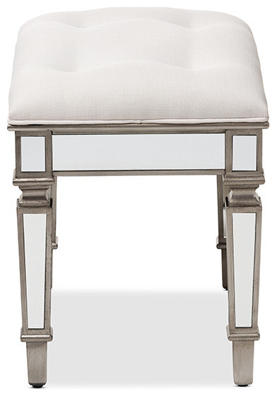 Keswick Off White Fabric Mirrored Ottoman Vanity Bench