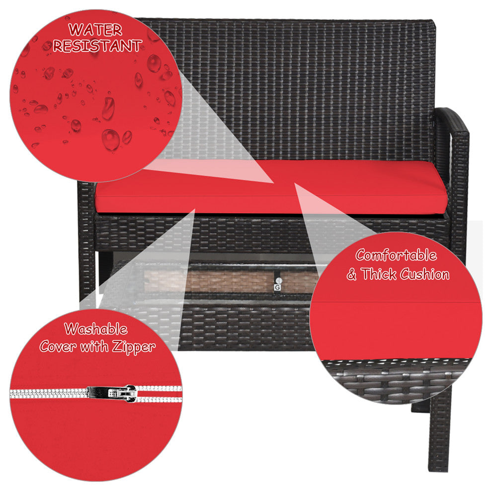 Costway 4PCS Patio Rattan Furniture Set Cushioned Loveseat Armrest Red