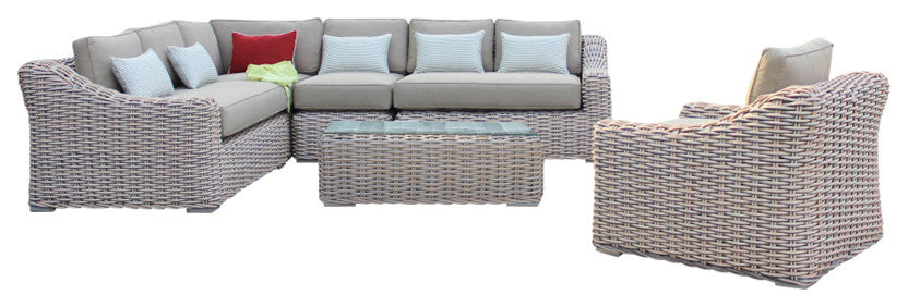 Alejandra 6-Piece Outdoor Wicker Furniture Set With Coffee Table, White and Gray