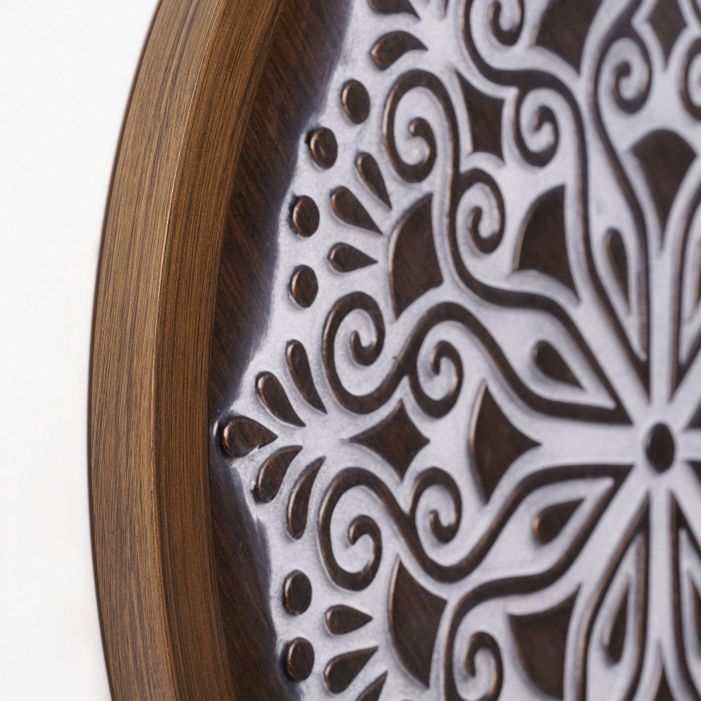 American Art Decor Boho Rustic Farmhouse Wood Framed Wall Medallion Brown, White