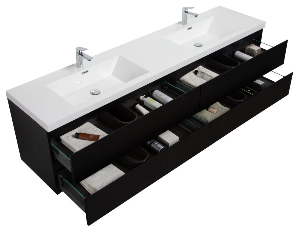 Aurora Wall Mount Vanity, White Acrylic Top, Matte Midnight Black, 84" Double